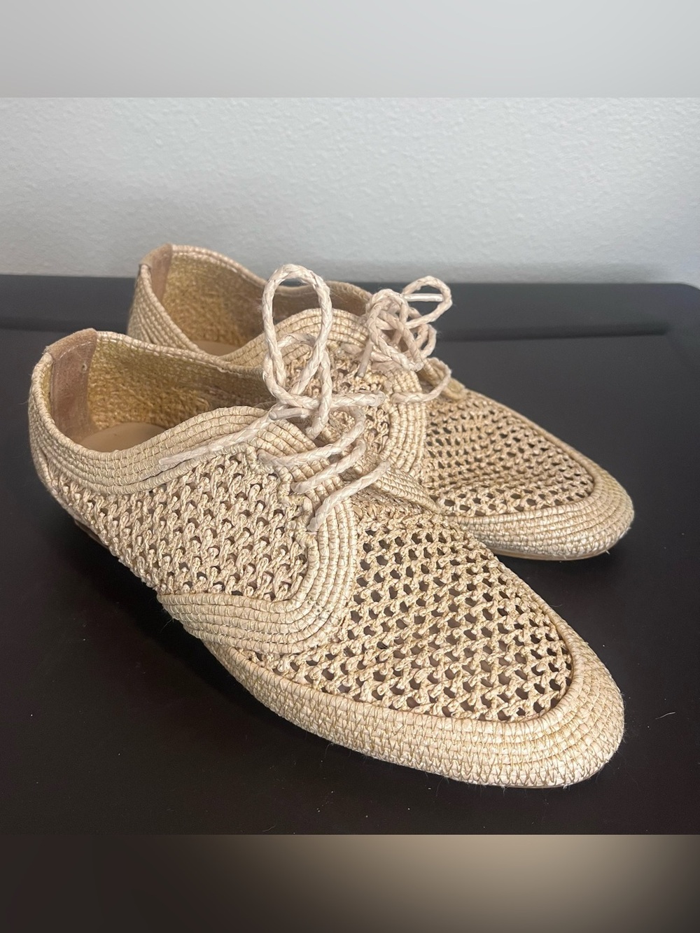 Silent D Woven Raffia Lace-Up Oxfords Flats Cream Size 36 Perforated